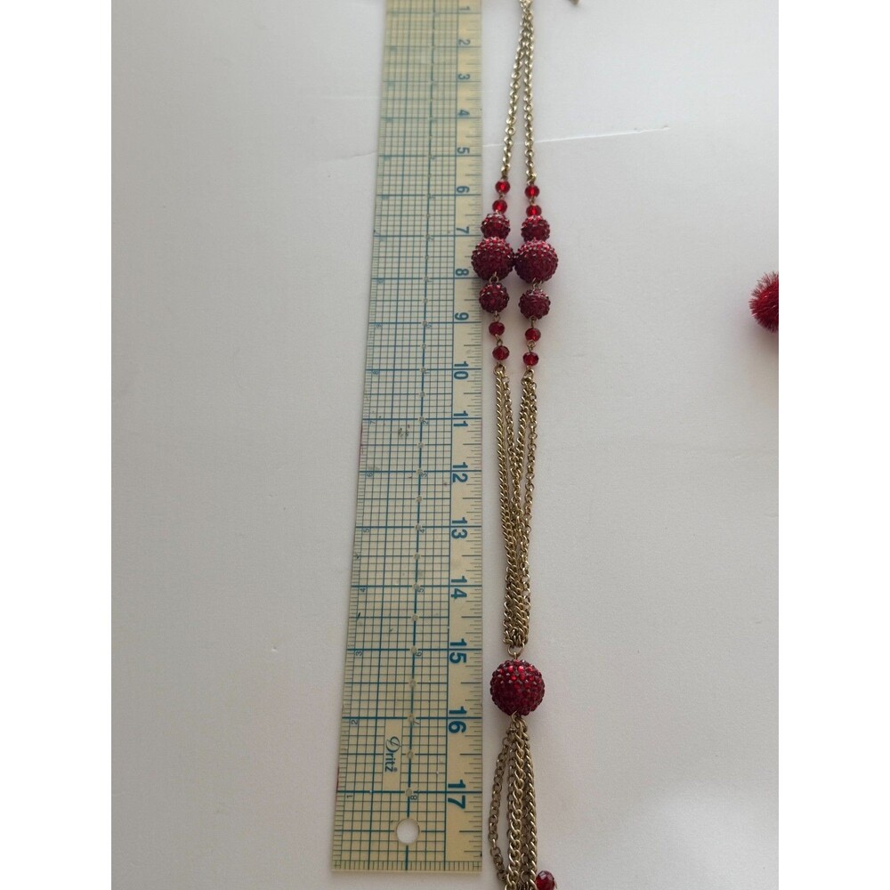 Vintage  Red Rhinestone Shamballa Ball Tassel Necklace & Earring Set - Picture 8 of 8